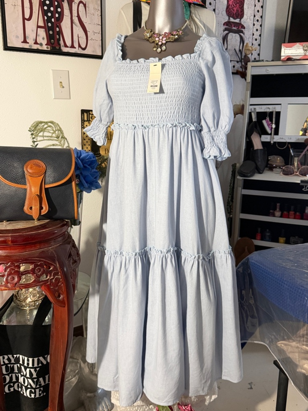 Francesca’s Light Blue Smocked Tiered Maxi Dress - NWT size XS